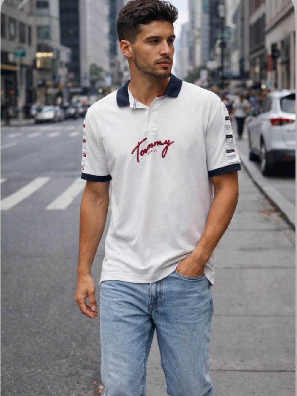 Tommy Hilfiger White and Navy Polo Shirt